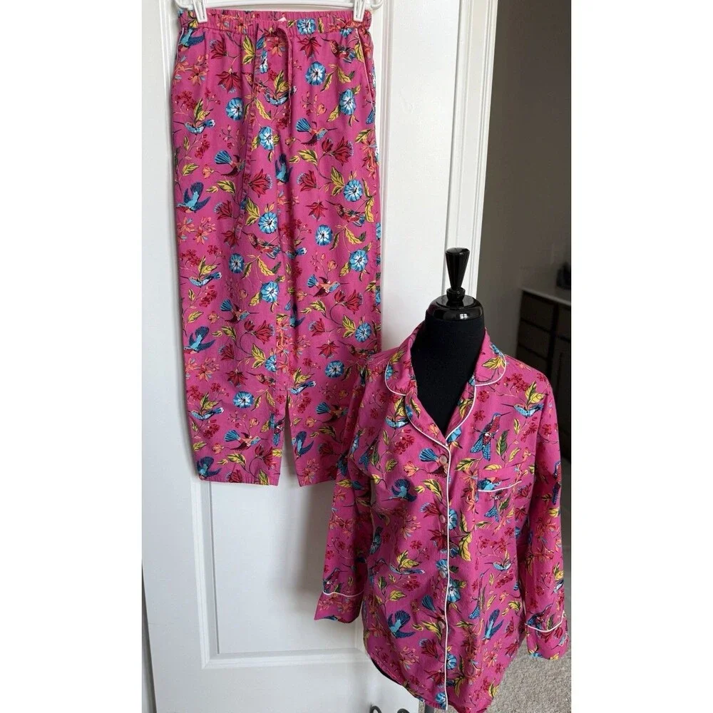 Printfresh Women’s XS Tall Pink Hummingbird Floral Pajama Set Artsy Colorful - Picture 2 of 13